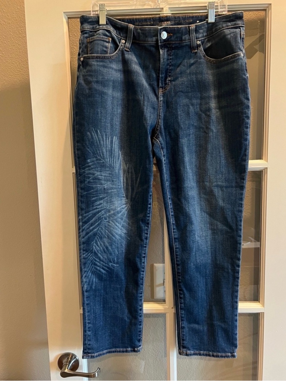 Chico's Dark Blue Cropped Jeans with Palm-Print Fade